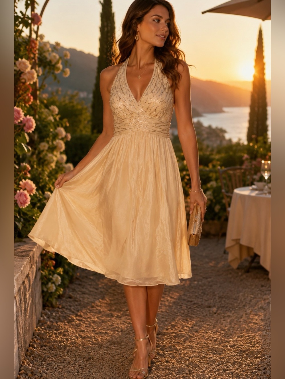 Jones New York 100% Silk Beaded Halter Midi Dress Champagne Wedding Guest Size 6